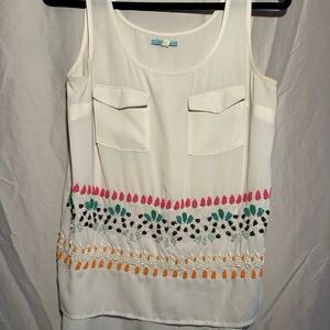 Embroidered White Silk Tank Top. Made by Leifnotes. Size P